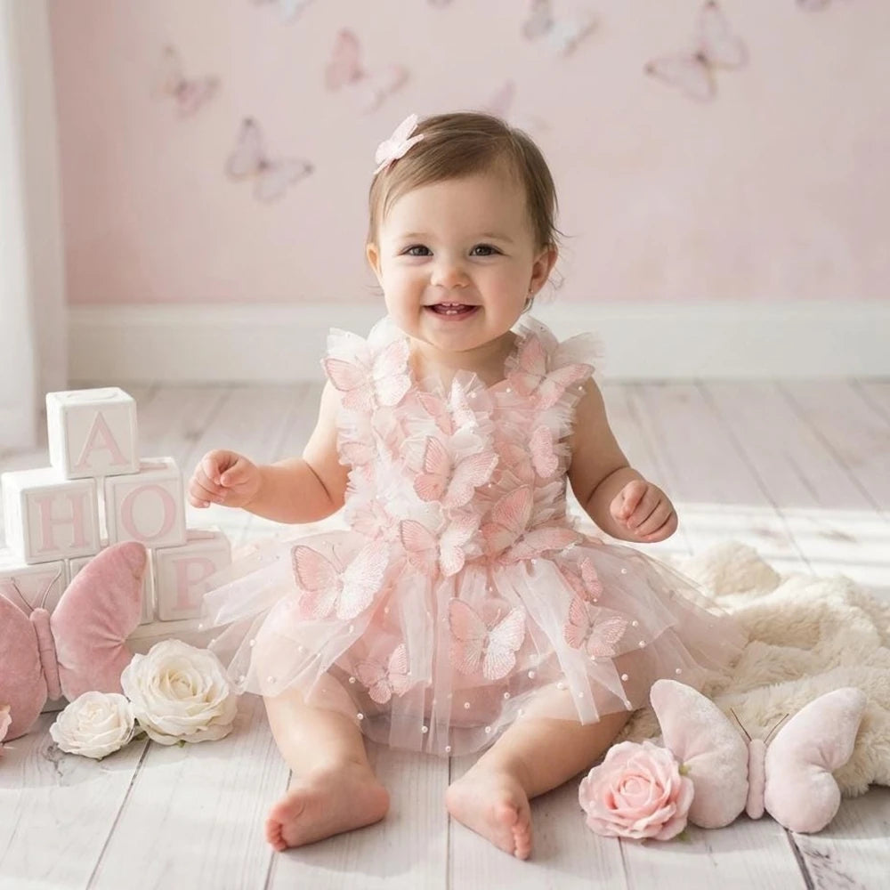 Newborn Butterfly Theme Girl Tutu Romper Pearl Beads Princess Dress Studio Clothing