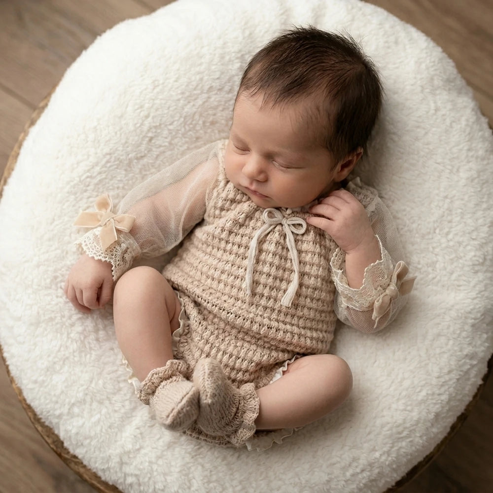 Newborn Photography Props Knit Baby Romper Vintage Lace Long Sleeve Bow Princess Infant Photoshoot Outfit Studio Clothes