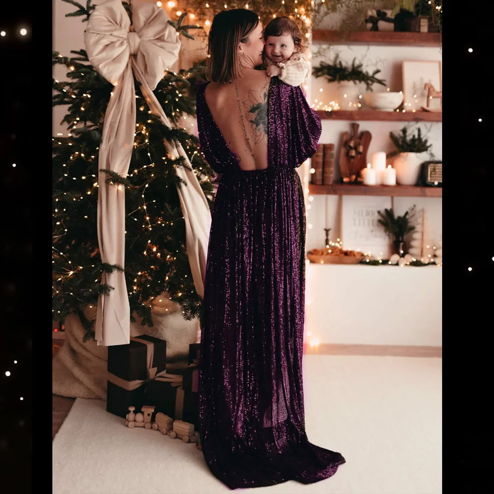  Elegant Vintage Sequin V-neck Backless Dress Maternity Photography Props Dress Bohemian Photo Shooting Pregnancy Dress
