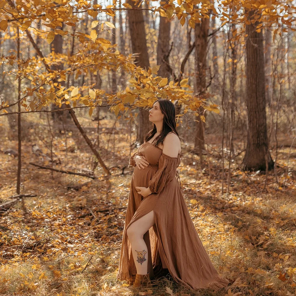 Bohemian Photo Shooting Pregnancy Dress Soft Linen Cotton Off Shoulder Pleated Edge Dress Pregnant Women Photography Dress