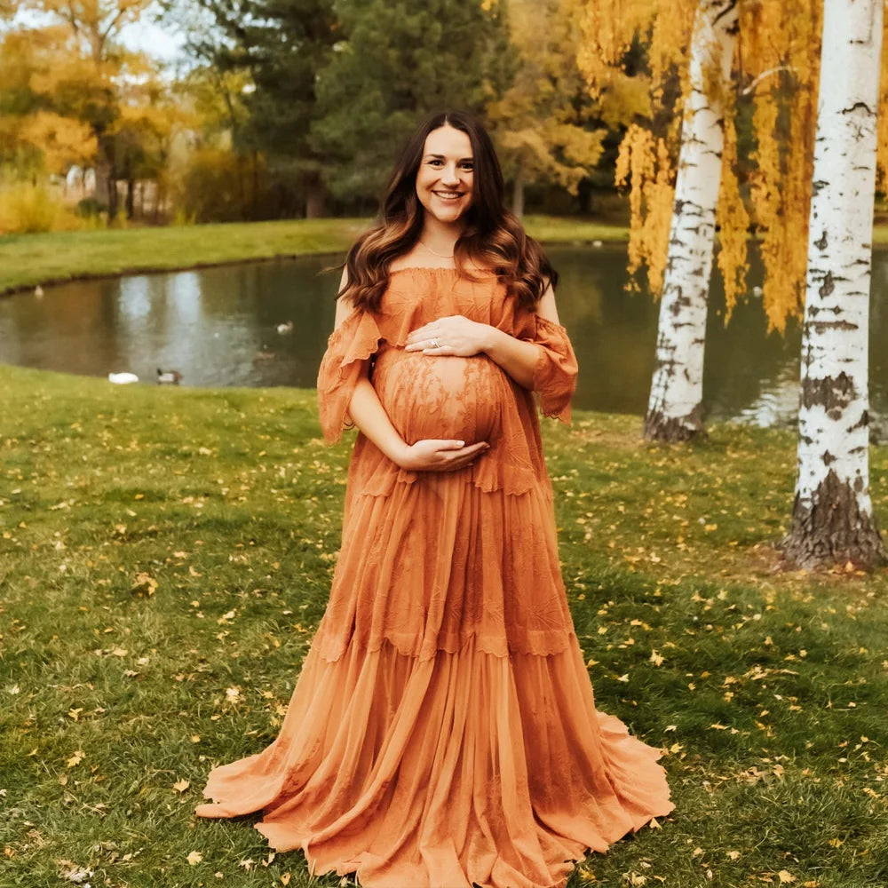 Pregnant Women Photography Dress Off Shoulder Embroidered Mesh Dress Photo Shoot Dress For Women Boho Pregnant Dress