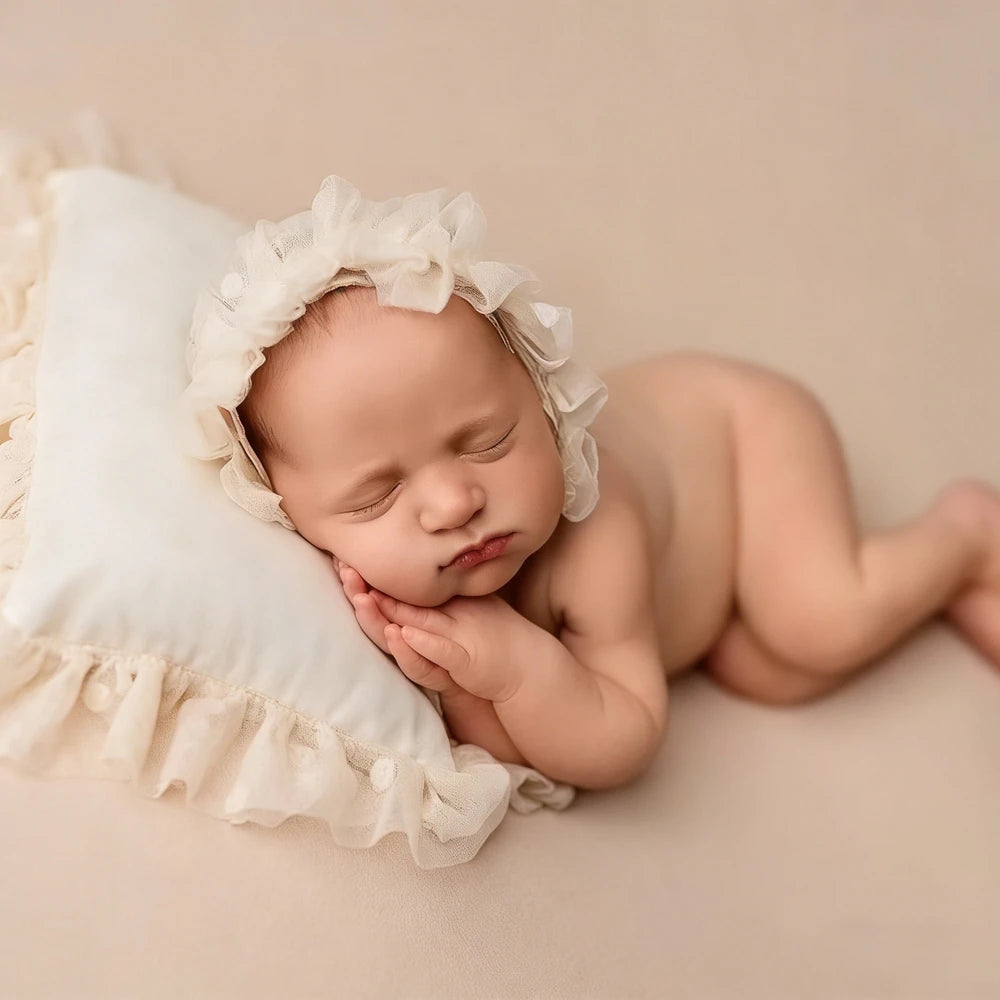 Beige Ruffle Lace Bonnet Pillow Set Baby Newborn Studio