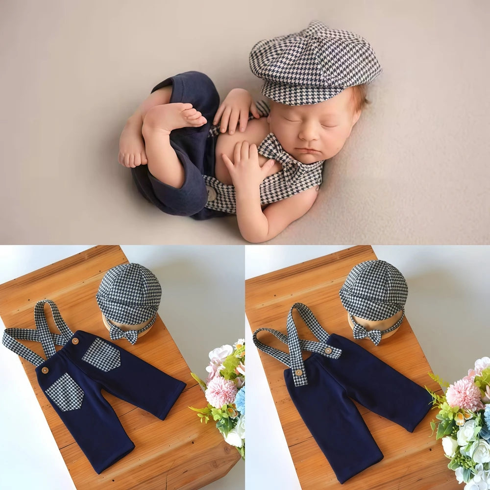 Newborn Baby Boy Vintage Gentleman Houndstooth Suspender Pants Newsboy Cap 0-3m Newborn Set