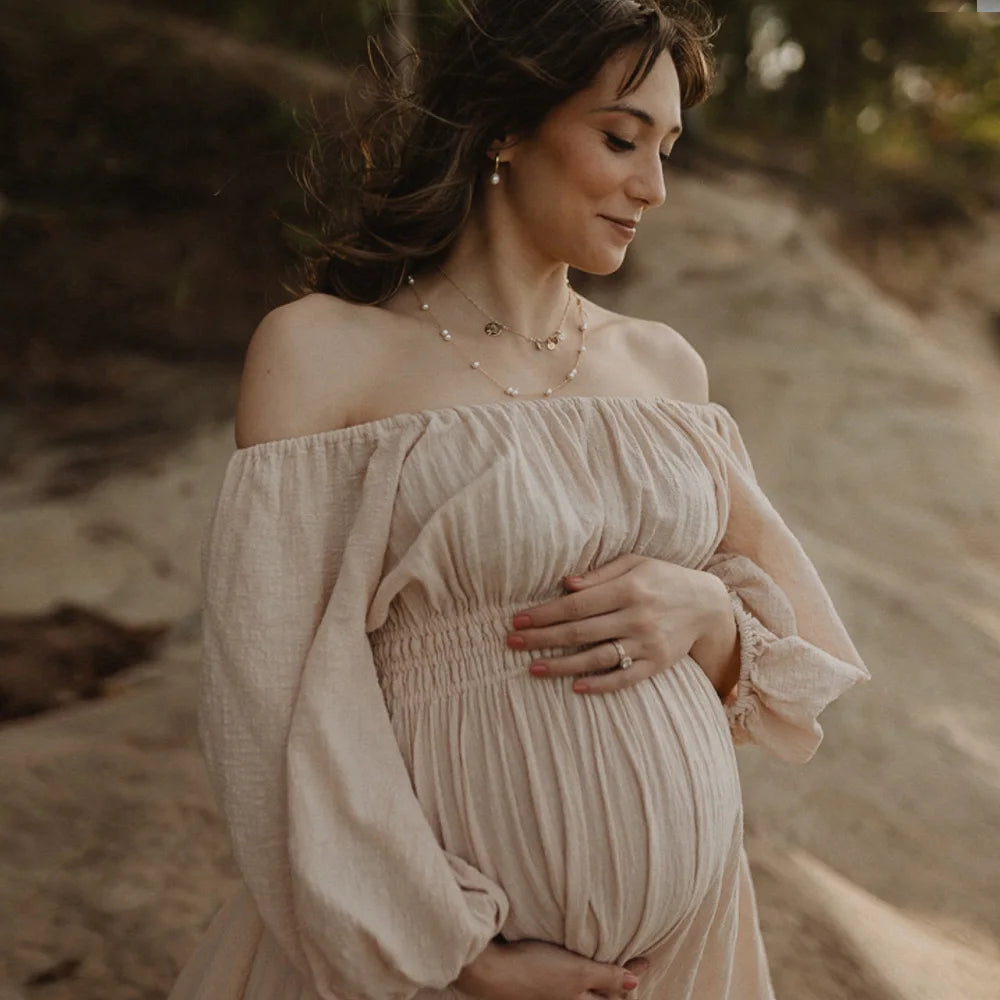 Bohemian Pregnancy Dress Vintage Comfortable Linen Cotton Off Shoulder Long Sleeved Dress Boho Style Baby Shower Dress