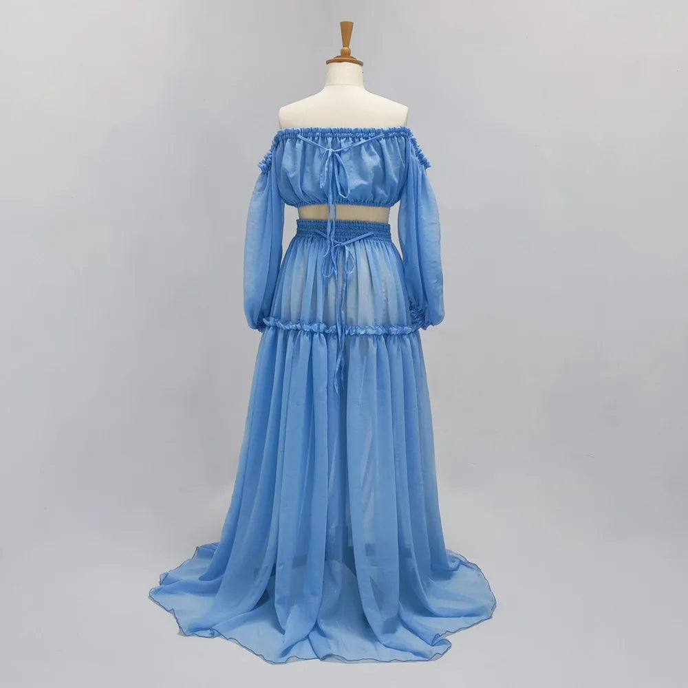 Boho Maternity Dress For Photo Shoot Woman Starlight Dot Chiffon Dress Off Shoulder Long Sleeve Beach Photography Gown