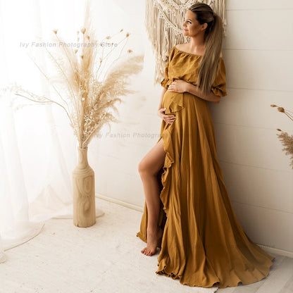 Maternity Bohemian Ruffle Edge Off Shoulder Short Sleeve Linen Cotton Dress Boho Style Baby Shower