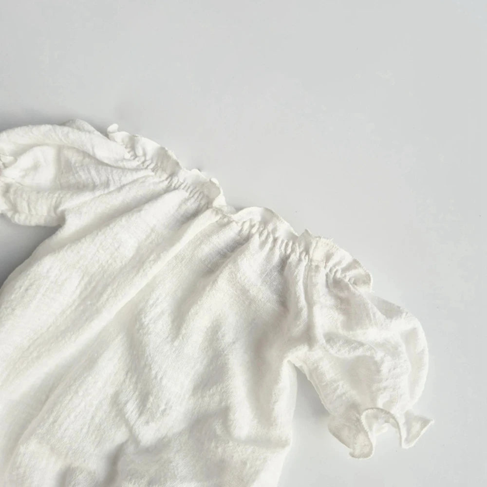 Newborn Romper Off Shoulder Back Cutout Ruffle Detail Baby White