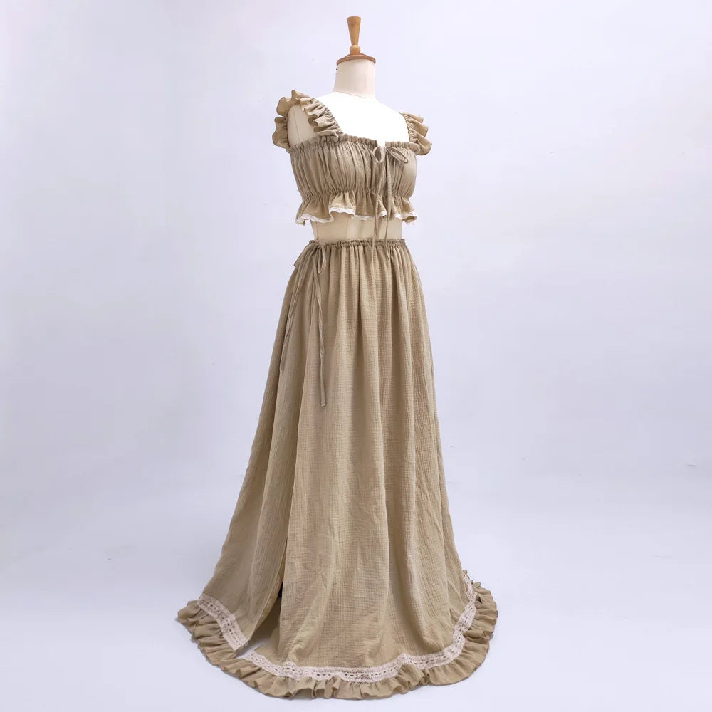 Cotton Suspender Two-Piece Maternity Photoshoot Dress Set - Baby Shower & Photography