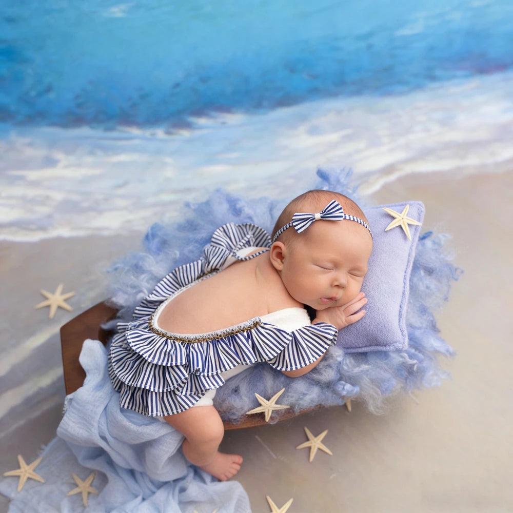 Blue White Stripe Ruffle Romper Baby Off Shoulder Bodysuit Girl