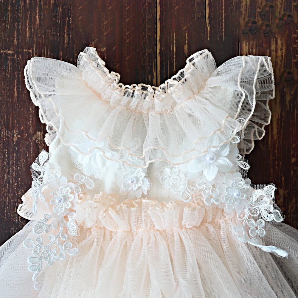 Newborn Beige Lace Tulle Dress Baby Costume Elegant Style Newborn Set