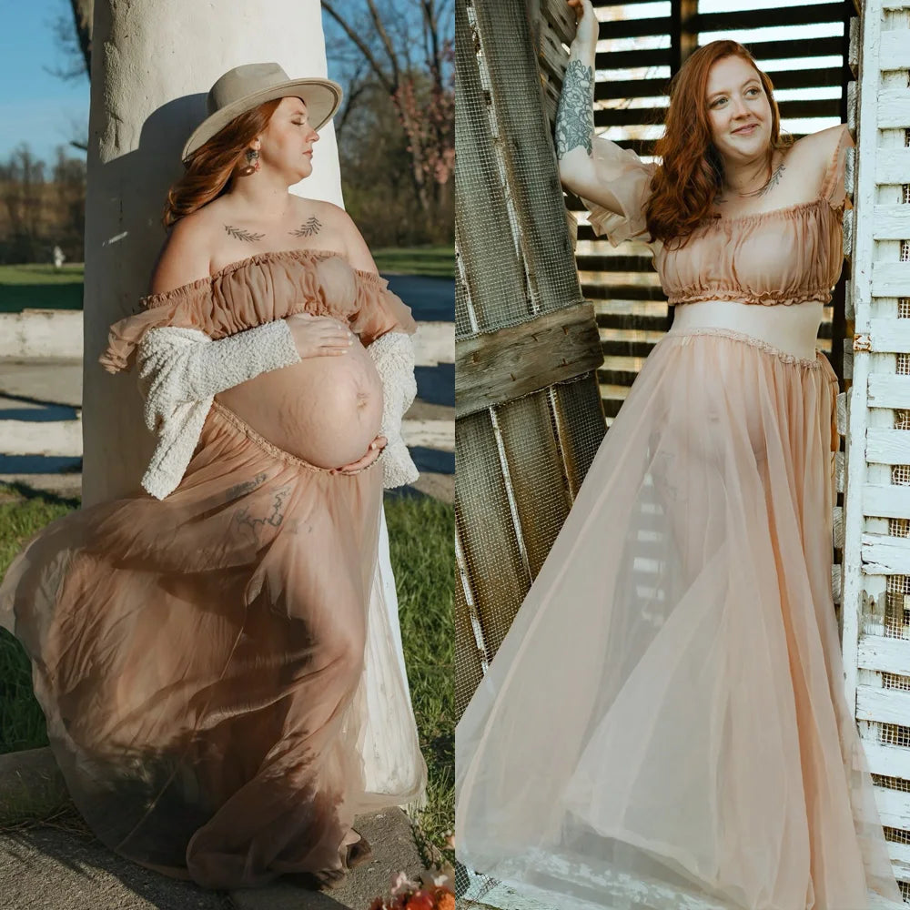 Photography Dress For Women Maternity Gown For Photo Shoot Transparent Chiffon Off Shoulder Ruffle Sleeves Two-piece Dress