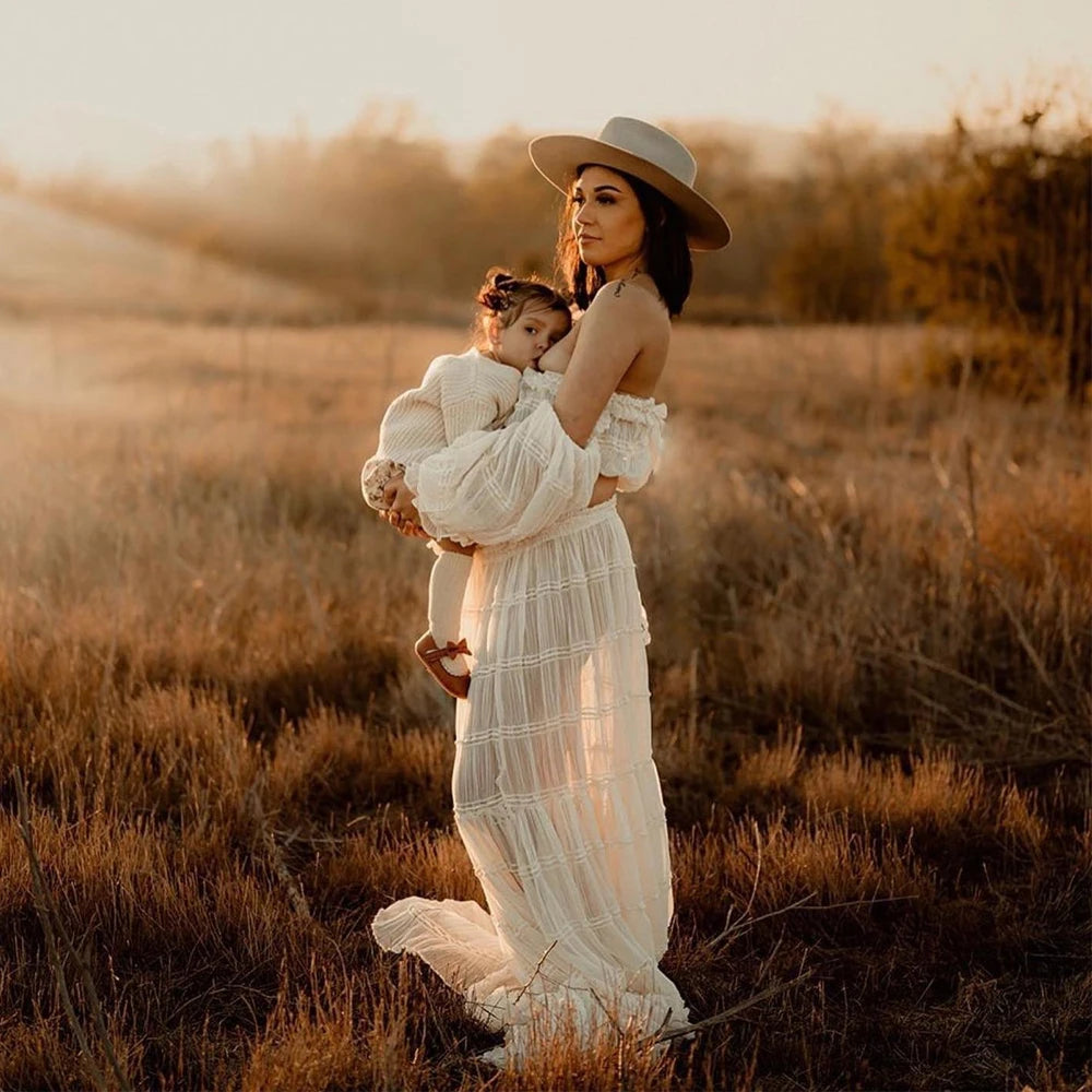 Maternity Pleated Chiffon Long Sleeve Off Shoulder Four Piece Boho Style Dress