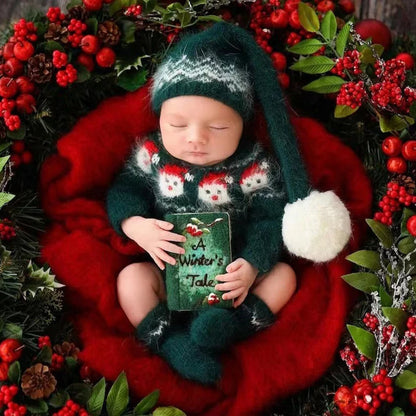 Green Christmas Knit Newborn Santa Sweater Hat Set Baby Holiday Studio Boutique Costume