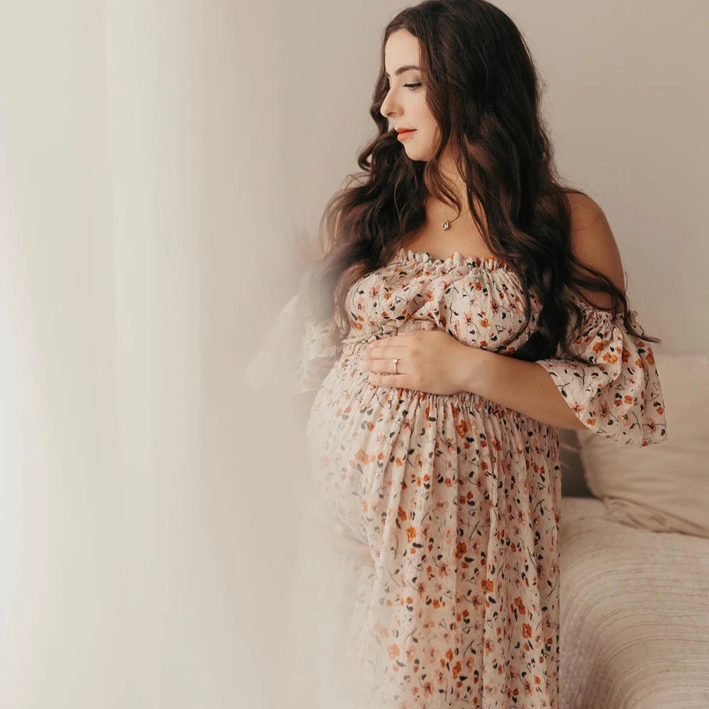 Maternity Dress Floral Chiffon Two-piece Long Sleeved Short Top Baby Showers