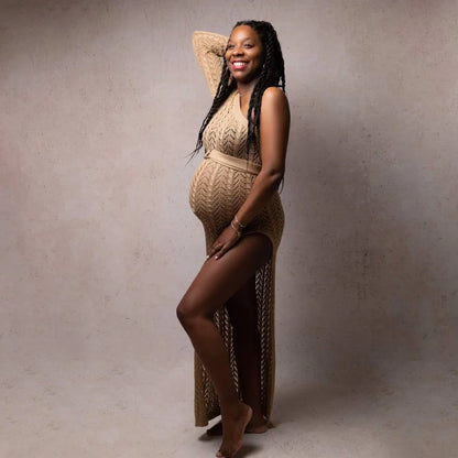 Maternity High Slit Knitted Dress One Shoulder Long Skirt