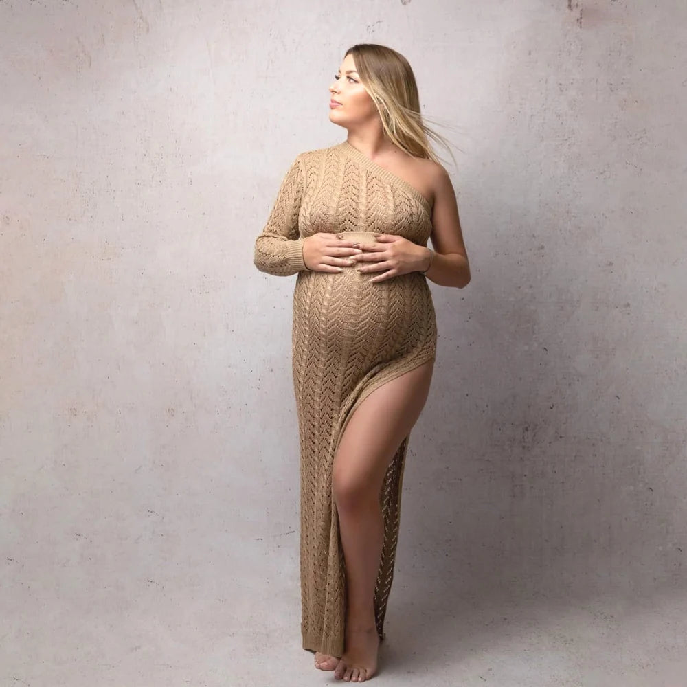 Maternity High Slit Knitted Dress One Shoulder Long Skirt