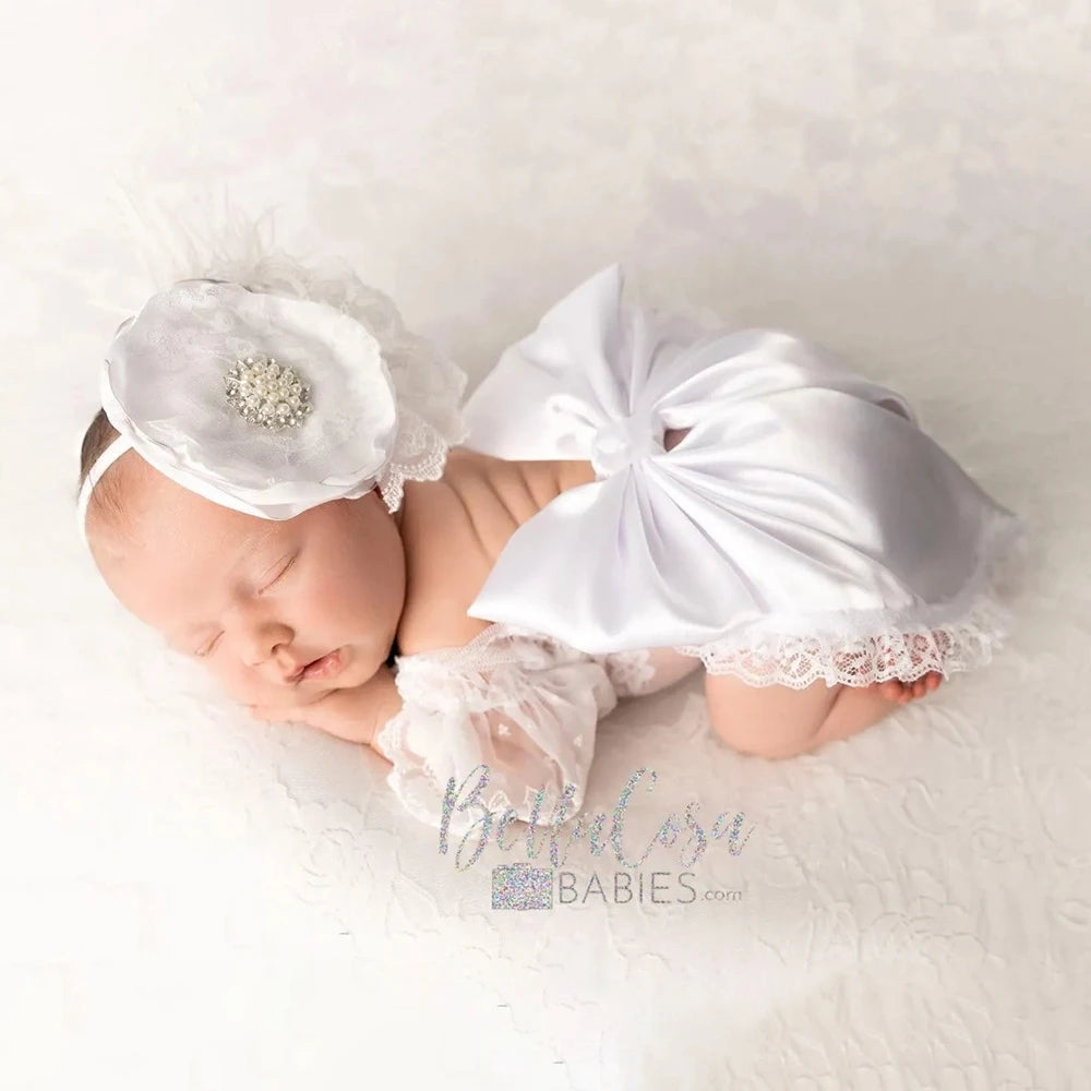 Newborn Baby Girl Lace Ruffled Romper Oversized Satin Bow Rhinestone Headband Photo