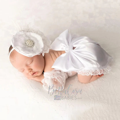 Newborn Baby Girl Lace Ruffled Romper Oversized Satin Bow Rhinestone Headband Photo