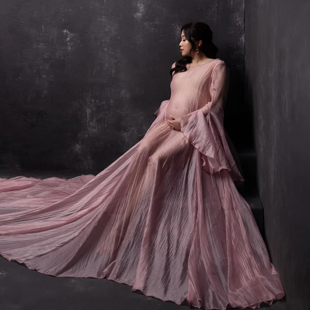 Simple Style Long Sleeve Soft Tulle Dress Clothes For Pregnant Women Floor Length Long Tail Dress Maternity Photo Shoot Dresses