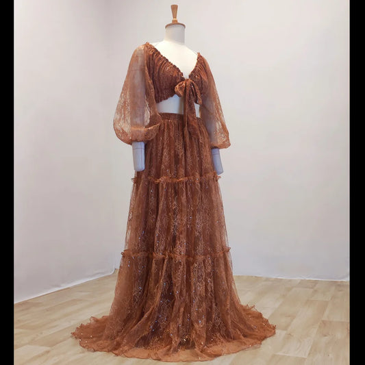 Maternity Gown For Photo Shoot V-neck And Off Shoulder Lace Dress Two-piece Set Boho Pregnant Dress Photography Dress For Women