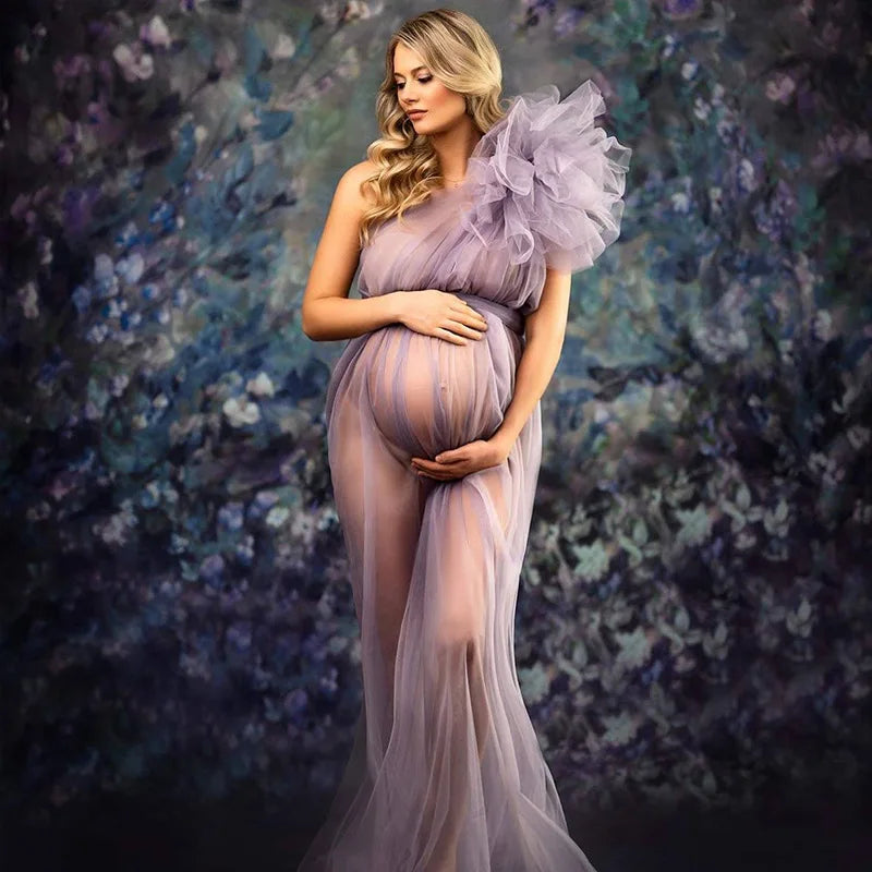 Sheer Tulle One-Shoulder Maternity Robe Gown