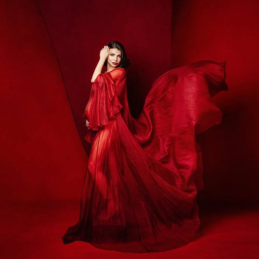 Simple Style Long Sleeve Soft Tulle Dress Clothes For Pregnant Women Floor Length Long Tail Dress Maternity Photo Shoot Dresses