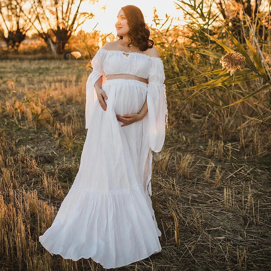 Maternity Linen Cotton Long Sleeved One Shoulder Elegant Two-piece Set Dress