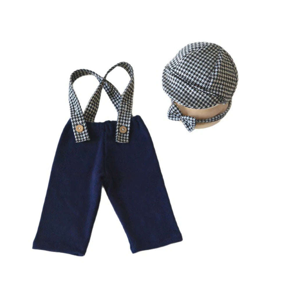 Newborn Baby Boy Vintage Gentleman Houndstooth Suspender Pants Newsboy Cap 0-3m Newborn Set