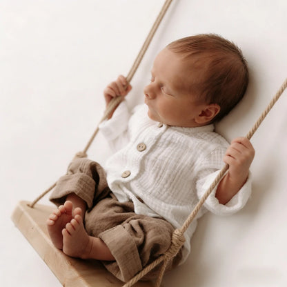 Cotton Muslin White Button Top Khaki Pants Baby Boy Set