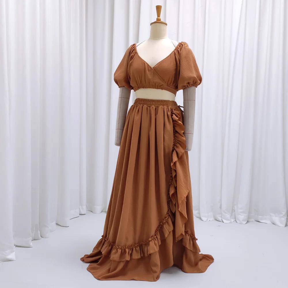 Soft Cotton V-neck Short Sleeved Tied Top With Ruffle Skirt Maternity Dresses For Photo Shoot Photography Dress For Women