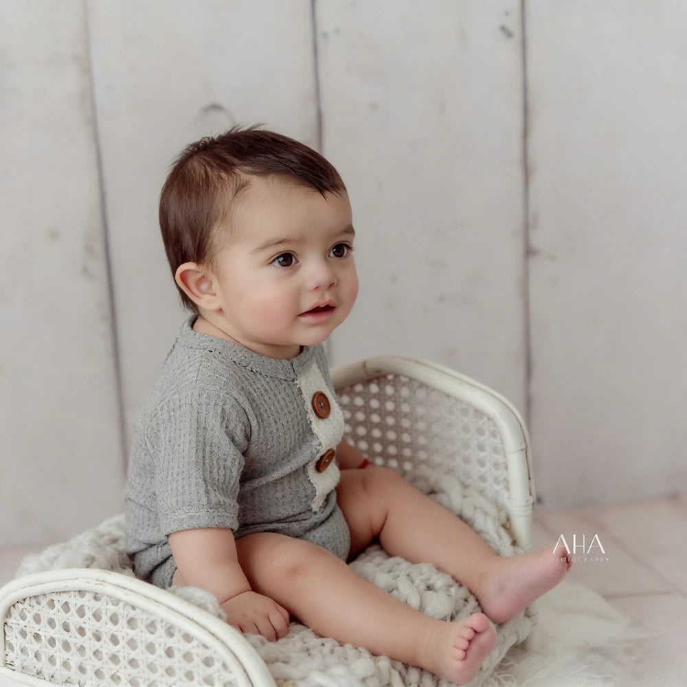 Newborn Baby Boy Waffle Romper Gray Bodysuit Wooden Buttons Costume