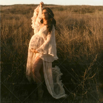 Maternity Pleated Chiffon Tulle Ruffles Dress Boho Style