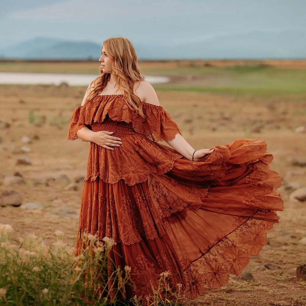 Pregnant Women Photography Dress Off Shoulder Embroidered Mesh Dress Photo Shoot Dress For Women Boho Pregnant Dress