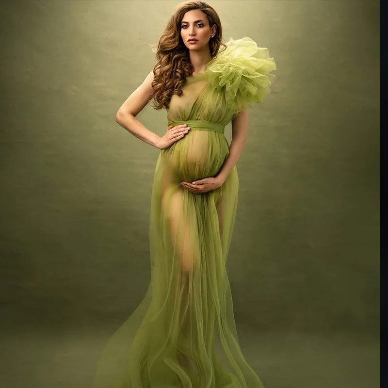 Sheer Tulle One-Shoulder Maternity Robe Gown