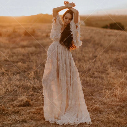 Maternity Pleated Chiffon Tulle Ruffles Dress Boho Style
