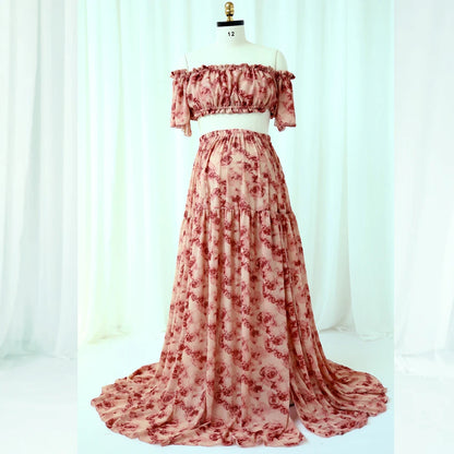 Maternity Rose Chiffon One Shoulder Elastic Short Top Dress