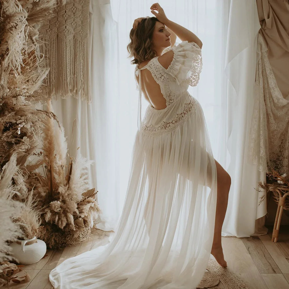 Maternity Elegant V-neck Embroidered Cotton Lace Chiffon Dress