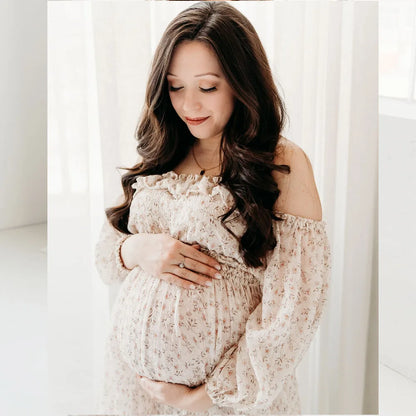 Maternity Elegant Floral Chiffon Dress One Shoulder Long Sleeved Two-piece