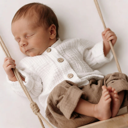 Cotton Muslin White Button Top Khaki Pants Baby Boy Set