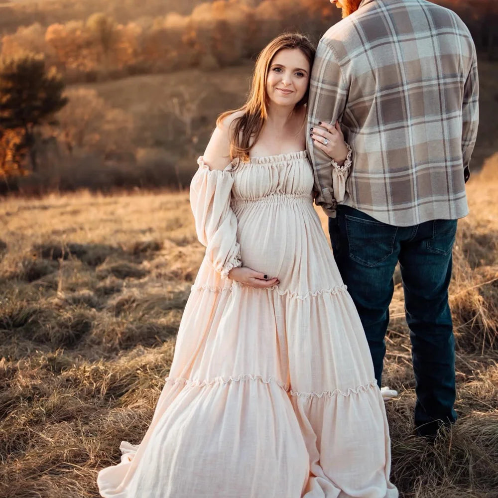Soft Linen Cotton Off Shoulder Long Sleeved Cake Dress Bohemian Photo Shooting Pregnancy Dress Photography Dress For Women