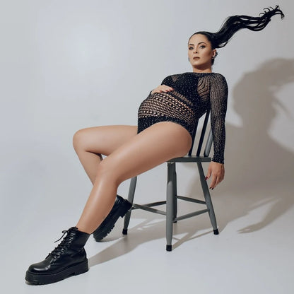 Maternity Fashion Long Sleeve Stretch Jumpsuits Fishnet Underwear Lingerie Plus Size