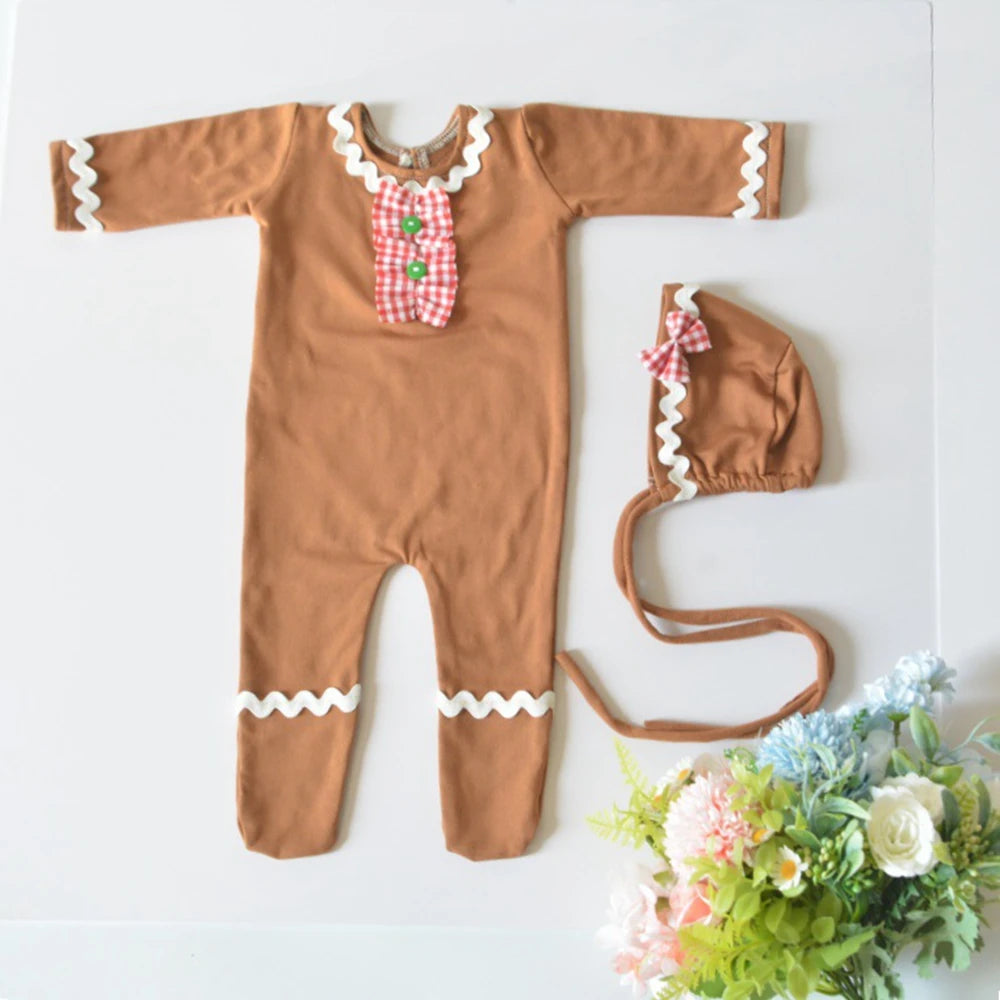 Newborn Christmas Gingerbread Long Sleeve Romper Hat Set Baby Holiday Costume Boutique
