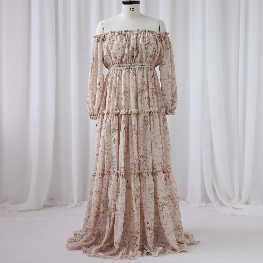 Maternity Printed Chiffon Long Sleeved Shoulder Material Elegant Dress