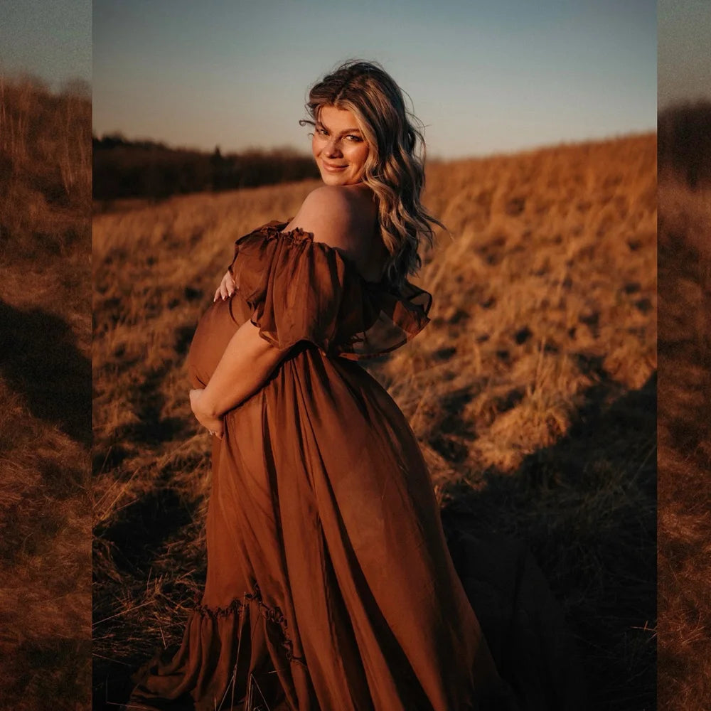 Maternity Dresses For Photo Shoot Elegant Chiffon Off Shoulder Pleated Hem Mop Dress Photography Dress For Women