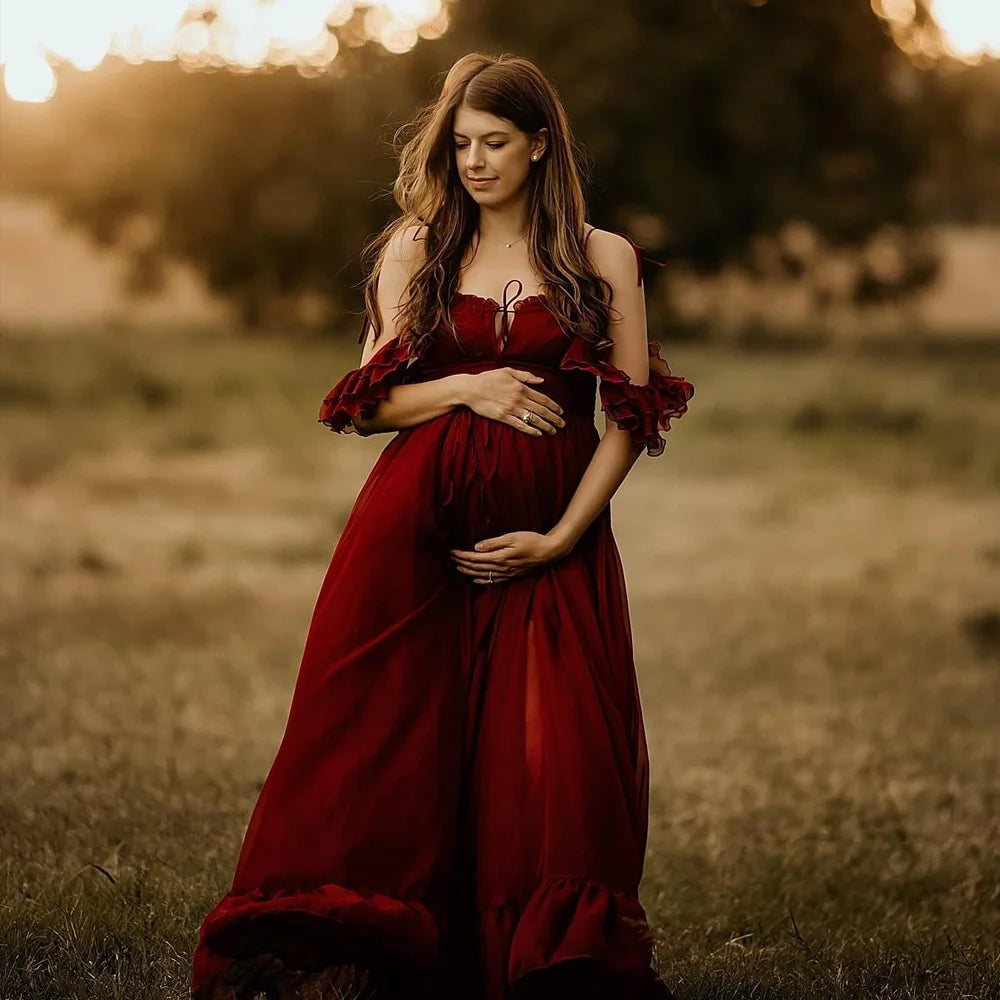 Maternity Photography Photography Studio Costumes Wine Red Elegant Chiffon Dress Photo Shoot Dress For Pregnant Women