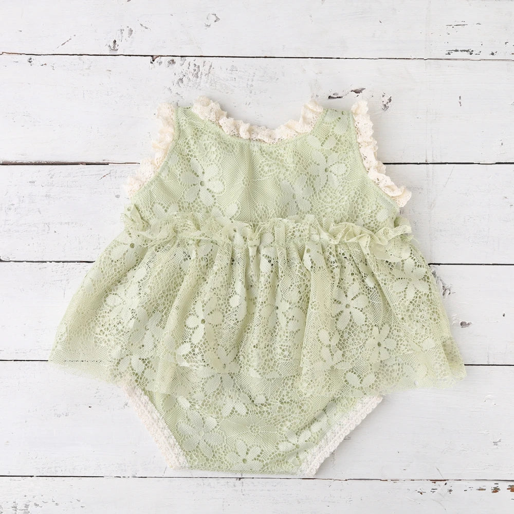 Sage Green Baby Newborn Girl Lace Romper Vintage Dress