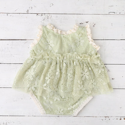 Sage Green Baby Newborn Girl Lace Romper Vintage Dress