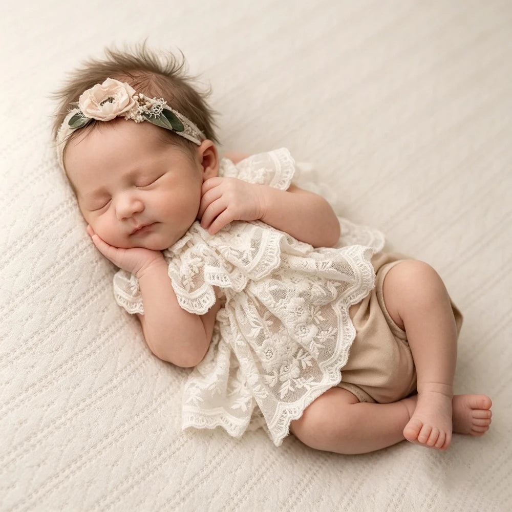 Baby Girl White Lace Ruffle Romper Newborn Dress Back Bow