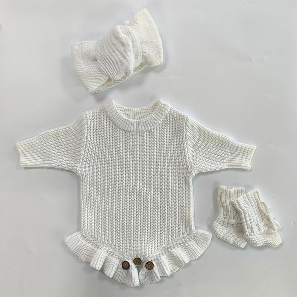 Newborn Personalized Baby Girl Knit Romper Ruffle Skirt Custom Name Embroidery Bow Headband Photo