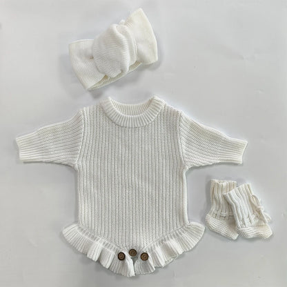 Newborn Personalized Baby Girl Knit Romper Ruffle Skirt Custom Name Embroidery Bow Headband Photo